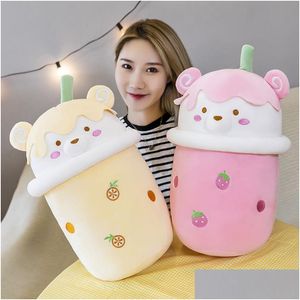 Stuffed Plush Animals Cute Cartoon Milk Tea Bear Bubble Cup Shaped Pillow Toys Real-Life Soft Back Cushion Funny Boba Food 25Cm Dr Otece