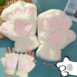 Fingerless Gloves Plush Panda Mittens Cute Fluffy Cat Paw Claw Warm Soft Half Finger Women Winter Wear Christmas Gift 230825