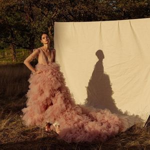 Casual Dresses Blush Pink Tiered Tulle bröllopsklänningar med tåg rygglösa se genom full ärmar ganska fluffiga prom formell klänning