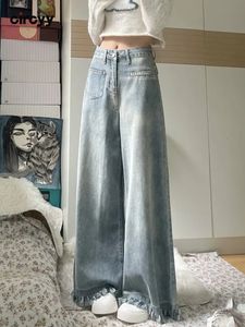 Dżinsy damskie worka dżinsowa wysoka w pasie 2023 Fall Irregular Button Tassel Denim Spodnie Vintage Streetwear Niebieskie szerokie spodni 230825