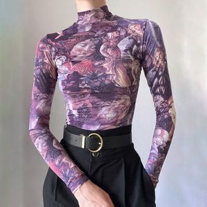 Women s T Shirt Y2k Vintage Tops Tie dye Mesh T Shirt Turleneck Long Sleeves Shirt Sexy Slim Transparent Basic Tee Thin 230826