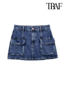 Юбки Traf Women Fashion Patch Pockets Denim Mini Mini юбка Винтаж высокая талия на молнии