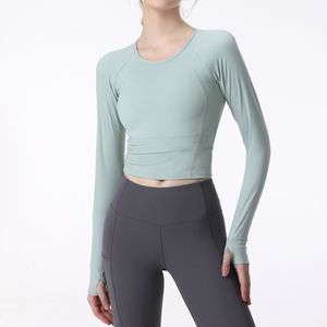 Yoga tops t shirt lu long sleeved with chest pad women's running training quick dry gym clothes tight midriff-baring fitness suit light green