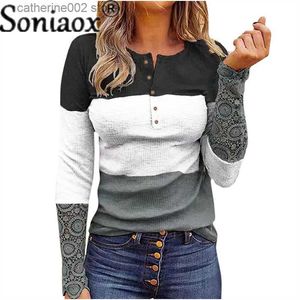 Women's T-Shirt 2021 Autumn Women Stripe Color Matching Slim Tops Leopard Print Buttons O Neck Long-Sleeved Urban Casual Ladies Pullover T-Shirt T230826