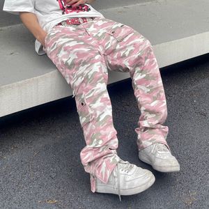 Men s Pants Harajuku Camou Wide Cargo Hiphop Zipper Multi pocket Pink Camouflage Micro Flared for Men Slim Women Clothing 230826