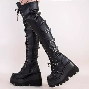 Boots Gothic Thigh High Boots Women Platform Wedges Motorcycle Boot Over The Knee Army Stripper Heels Punk Lace-up Belt Buckle Long 230825