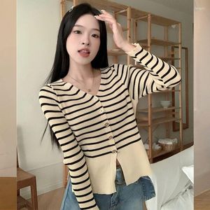 Malhas femininas com decote em v casual estilo coreano camiseta cardigan roupas de moda feminina vintage chique doce listrado tendência ropa mujer topo