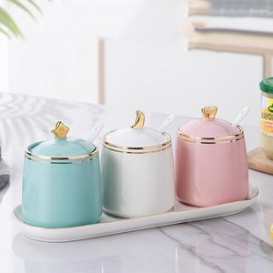 Storage Bottles Ceramic Tank 4/piece Set Kitchen Condiment Dispenser Sugar Bowl And Salt BowlCeramic TrayHome Desktop Decoration