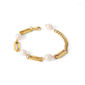 Charm-Armbänder Allme Cool Echte Süßwasserperle für Frauen 18 Karat vergoldeter Edelstahl Hohles klobiges Kettenarmband