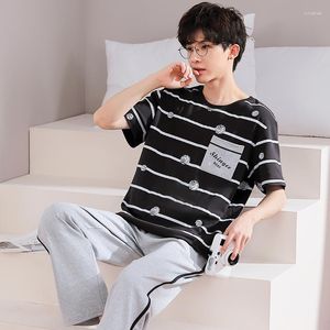 Men's Sleepwear 2 Pieces Set Men Cotton Summer Spring Short Sleep Top Long Pant Pjs Pajamas Suit Male Home Clothes Hombre Freeship