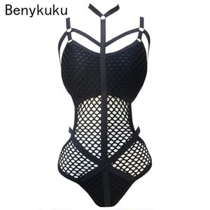 Women's Jumpsuits Rompers Gothic Women Black Sheer Knit Net Mesh Sexy Swimwear Swimsuit Female Bather Bathing Suit Swim Halter Romper 230826