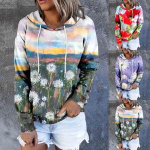 Kadın Hoodies Old Lady Ceketler Kadınlar Sonbahar ve Kış Sıradan Renkli Çiçek Baskı Cep Kapşonlu Sweatshirt