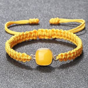 Link Bracelets Yellow Chalcedony Bracelet For Women Men Classic Retro Nylon Rope Hand-knitted Wide Wristband Tibetan Buddha Yoga Jewelry