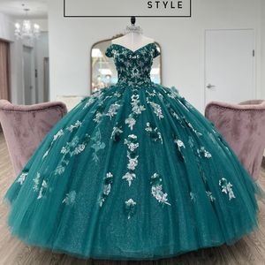 黒い緑の光沢のあるプリンセスボールガウンvネックQuinceaneraドレス3dflowerアプリケートビーズバースデーパーティー甘いヴェスティドスDE 15 ANOS