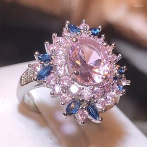 Cluster Rings Luxury Engagement For Women Accessories Wedding Band Pink Stone Shiny Champagne Cubic Zirconia Female Ring