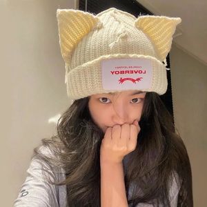 Beanie/Skull Caps Lover boy Pig Ear Knit Hat Double-layer Warm Cat Ear Woolen Hat Cute Fashion Hooded Cap Niche Design Hip-hop Personality Hat 230826