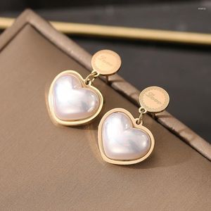 Dangle Earrings 316L Stainless Steel White Pearl Heart For Women Girls Gold Color Love Pendant Earring Wedding Jewelry