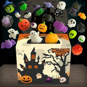 Brinquedo de descompressão 24 unidades / caixa Halloween Kawaii Mochi Squishy Toy Cartoon Abóbora Fantasma Soft Squeeze Stress Reliever Brinquedos Feliz Halloween Crianças Presentes 230826