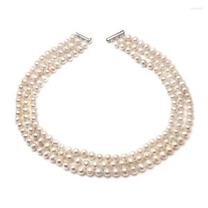 HABITOO Lässige 3-strängige natürliche weiße 7–8 mm fast runde Süßwasserperlen-Halskette für Damen, Modeschmuck, Party, Hochzeit