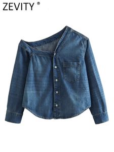 Kadınlar bluz gömlekleri Zevity kadın moda tek omuz asimetrik denim smock bluz femme şık cep düğmeleri gömlek kimyasal blusas üstleri ls3736 230826