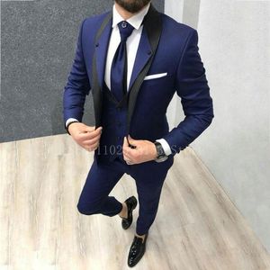Herrar mode marinblå män smala passform 3 stycken sjal lapel elegant formell klassisk manlig bröllop set trajes de hombre