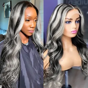13x6highlight Ombre Human Hair Wig Highlight Wig Human Hair Black and Gray Blonde Body Wave Lace Front Human Hair Wigs for Women