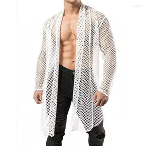 Trench da uomo Cappotto con scialle in maglia da uomo sexy Cappotto lungo a maniche lunghe sciolto tinta unita aperto sul davanti Camicia a rete scavata Top per uomo Cardigan Abbigliamento