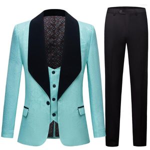 Men's Suits Green Grey Blue Wedding White Jacquard With Black Collar Tuxedo3 Pcs Groom Terno For Men(Jacket Vest Pants)