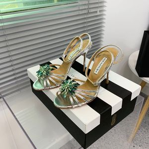 Aquazzura Sandaler Crystal Flower Printed Leather Empelled Ankle-rem HELED STILETTO HEELS 10.5 CM Women's Luxury Designers Leather With Box Free Delivery