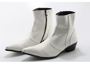 Botlar Erkek kahverengi beyaz ayak bileği kabartmalı orijinal deri python deri elbise bahar yüksek düz düğün ayakkabıları 230826