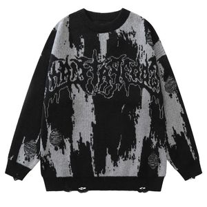 Men's Sweaters Hip Hop Ripped Sweaters Men Y2K Vintage Knitted Punk Gothic Streetwear Women Jumpers Sweater Harajuku Fashion Oversized Pullover 230827