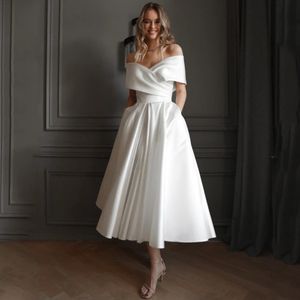 Urban Sexy Dresses Satin Off the Shoulder Wedding Dress Pleat A-Line Mid-Calf Bridal Lace Up Dresses with Pocket Sexy Back Civil Bride Custom Gown 230826
