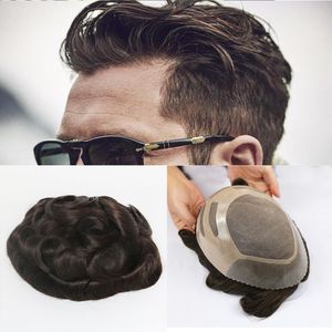 Erkekler Saç parçası Doğal İnsan Saç Değiştirme Sistemleri Toupee Erkekler için Toupee Mono dantel üst ve dayanıklı PU arka 10x8inch orta yoğunluk