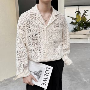 Men's Dress Shirts Mesh Hollow Out Embroidery Lace For Men Highend Fashion Trend Long Sleeve Autumn Shirt Male Casual Sexy See Through Tops 230826