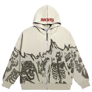 Herrtröjor tröjor design män y2k hoodie gotisk stil flamma skelett tryckt zip upp kläder lång ärm tröja överdimensionerade streetwear 230826