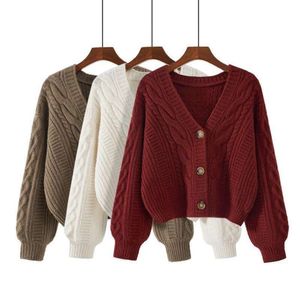 V Neck Sweater Loose Womens Languid Style Autumn And Winter Wear Retro Hemp Short Cardigan Jacket