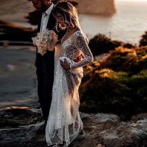 Glitter Arábia V Neck Vestidos de Casamento Mangas Compridas Frisado Praia Vestidos de Noiva Custom Made Tulle Vestido de Novia