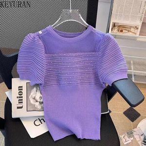 女性用セーターサマーニットセーター女性韓国ファッションシックなスリムソリッドカラーOネックパフ短袖紫色のプルオーバーニットウェアトップY2K 230827