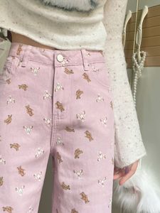 Women's Jeans 4xl Plus Size Lovely Pink Bear Print Straight Lady Summer High Waist Loose Full Length 230826