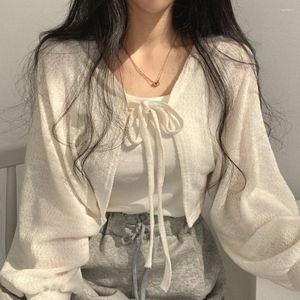 Women's Knits Thin White Bandage Lantern Sleeve Short Coat Pull Femme Knitwear Top Girl Korean Style Casual T Shirt