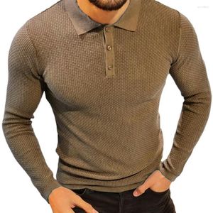 Camisolas masculinas outono homens camisola lapela botões decote tricô tops manga longa waffle com nervuras hem pulôver casaco masculino
