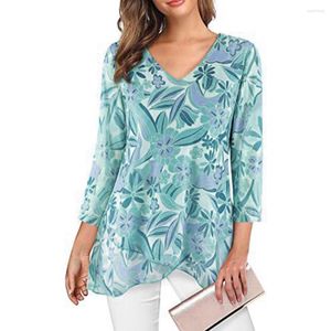 Kvinnors blusar V-ringningsblus Stylish Print Tops Soft Pullover med Asymmetric Hem Loose For Fall Spring Fashion Women