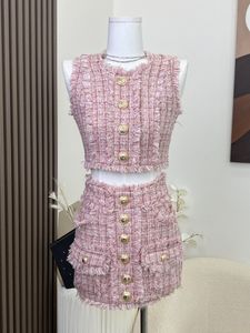 Two Piece Dress High Quality French Vintage Small Fragrant Tweed Two Piece Set Women Y2K Streetwear Tank Tops Skirt Sets Sweet 2 Piece Suits 230827