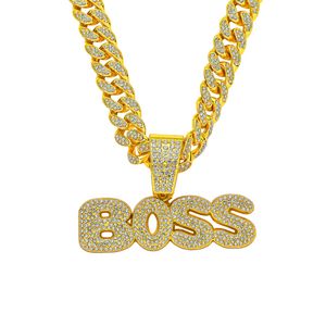 Hip Hop Men Rapper diamond pendant necklace shiny BOSS letters pendant full zircon jewelry night club accessory Sweater Collarbone Cuban chain 1803