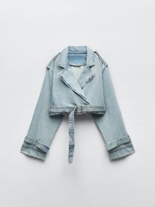 Women's RR3191 Trf Denim Cropped Coat for Oversized Trench Coats Women Short Jackets Ladies Long Sleeve Loose 230826