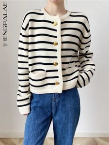 Women's Knits Tees SHENGPALAE Striped Panelled Soft Elegant Cardigan Sweater Women's Vintage Cropped Sweet Girlish Temper Y2k Clothes 5R315 230827