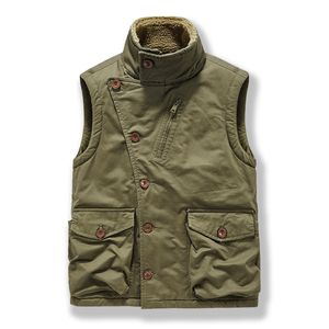 Men's Vests Autumn Military Vest Men Stand Collar Fashion Side Bottons Thick Warm Fleece Men's Vests Jacket Sleeveless Plus Size 4XL 230827