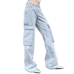 Damskie dżinsy modne kolorowe dżinsowe spodnie robocze luźne proste dziewczęta szerokie nogawki przeciągające multi kieszeni panie swobodne