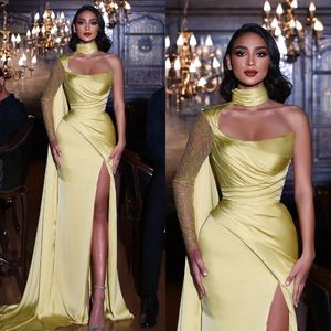 Elegant Yellow Mermaid Evening Dresses Satin Sequins One Shoulder Sleeve Party Prom Dress Split Pleats Long Dress for special occasion