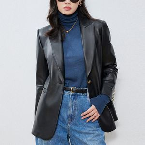 Women's Leather Julypalette Fashion Single Button Women Lambskin Blazer Jackets 2023 Autumn Lapel Collar Genuine Ladies